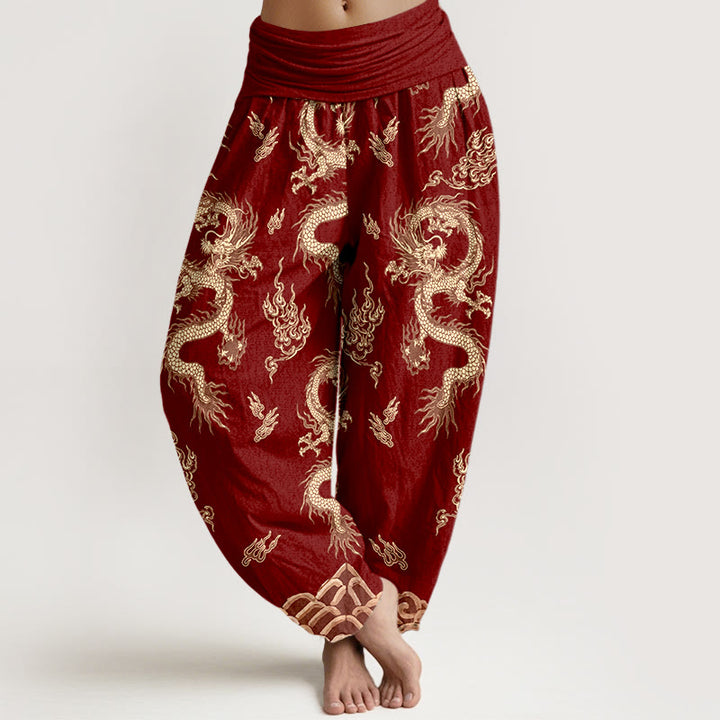 Pantalon harem à taille élastique pour femme, en pur coton, motif dragon et nuage , Buddha Stones - Rouge foncé - US16，UK/AU20，EU48 (3XL) - image 0