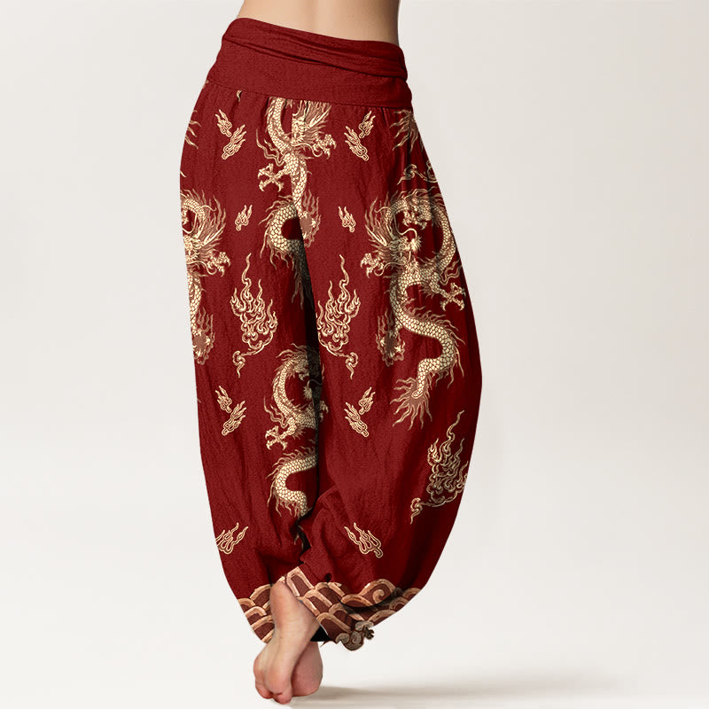 Pantalon harem à taille élastique pour femme, en pur coton, motif dragon et nuage , Buddha Stones - image 1