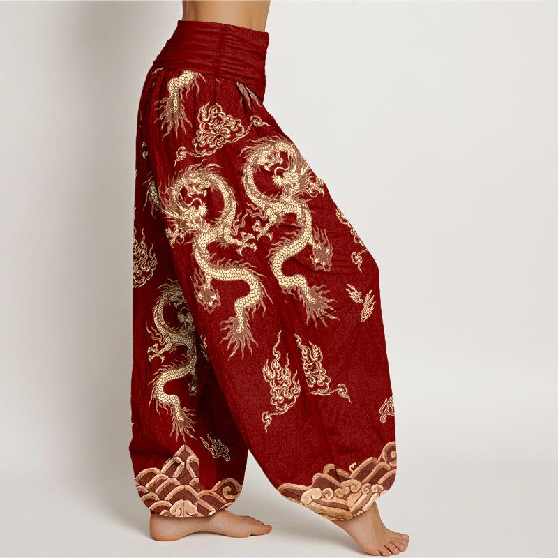 Pantalon harem à taille élastique pour femme, en pur coton, motif dragon et nuage , Buddha Stones - image 2