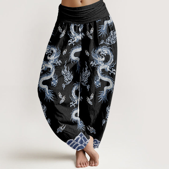 Pantalon harem à taille élastique pour femme, en pur coton, motif dragon et nuage , Buddha Stones - Noir - US16，UK/AU20，EU48 (3XL) - image 5