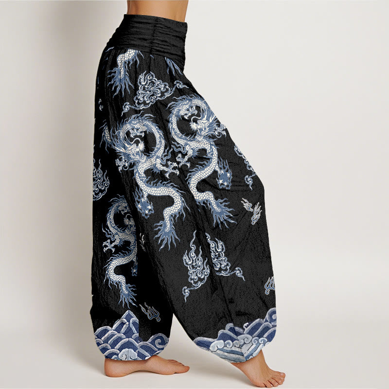 Pantalon harem à taille élastique pour femme, en pur coton, motif dragon et nuage , Buddha Stones - image 7
