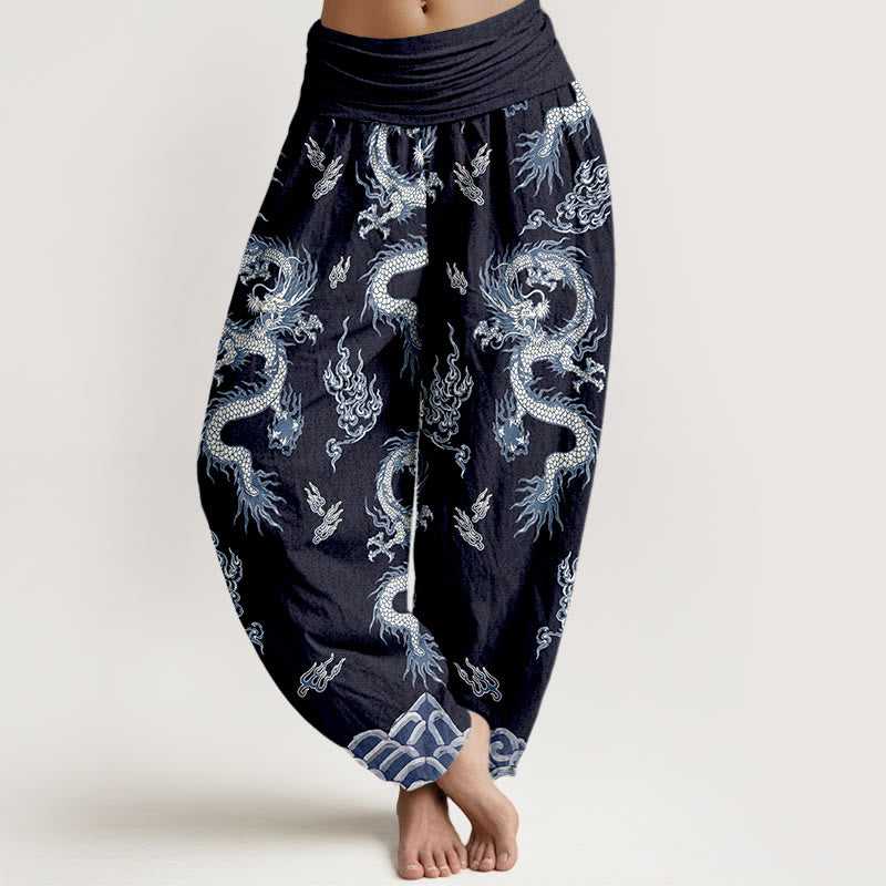 Pantalon harem à taille élastique pour femme, en pur coton, motif dragon et nuage , Buddha Stones - Marine - US16，UK/AU20，EU48 (3XL) - image 8