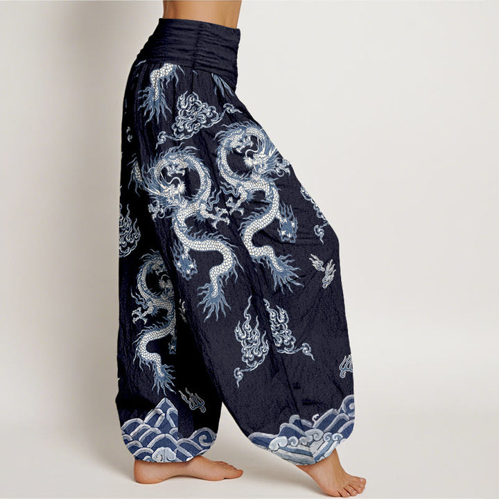 Pantalon harem à taille élastique pour femme, en pur coton, motif dragon et nuage , Buddha Stones - image 10