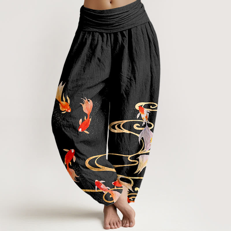 Pantalon harem à taille élastique pour femme, en pur coton, motif de Buddha Stones , de carpes koï et de vagues. - Noir - US16，UK/AU20，EU48 (3XL) - image 0
