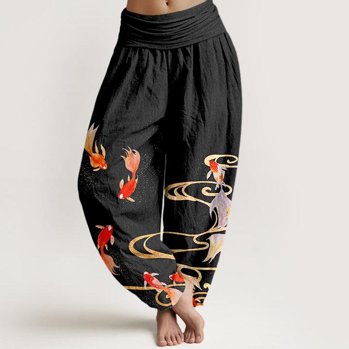 Pantalon harem à taille élastique pour femme, en pur coton, motif de Buddha Stones , de carpes koï et de vagues. - Noir - US16，UK/AU20，EU48 (3XL) - image 0