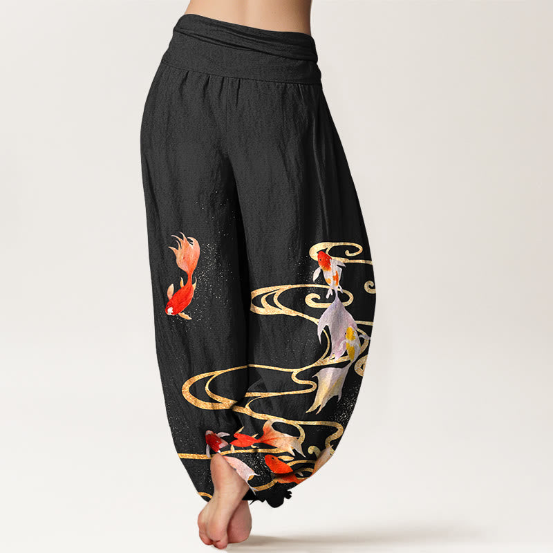 Pantalon harem à taille élastique pour femme, en pur coton, motif de Buddha Stones , de carpes koï et de vagues. - image 1