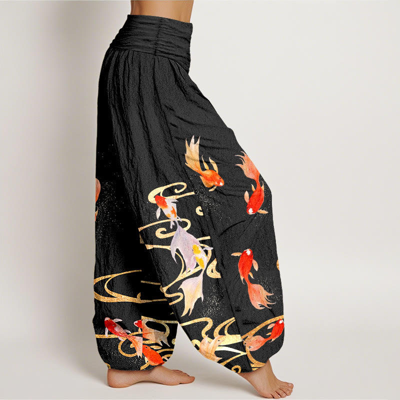 Pantalon harem à taille élastique pour femme, en pur coton, motif de Buddha Stones , de carpes koï et de vagues. - image 2