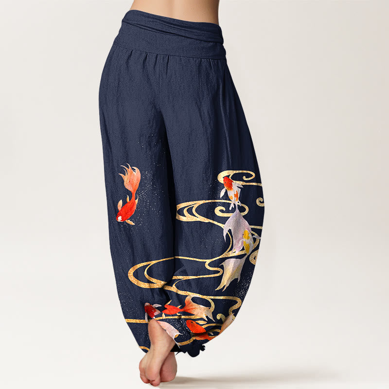 Pantalon harem à taille élastique pour femme, en pur coton, motif de Buddha Stones , de carpes koï et de vagues. - image 6