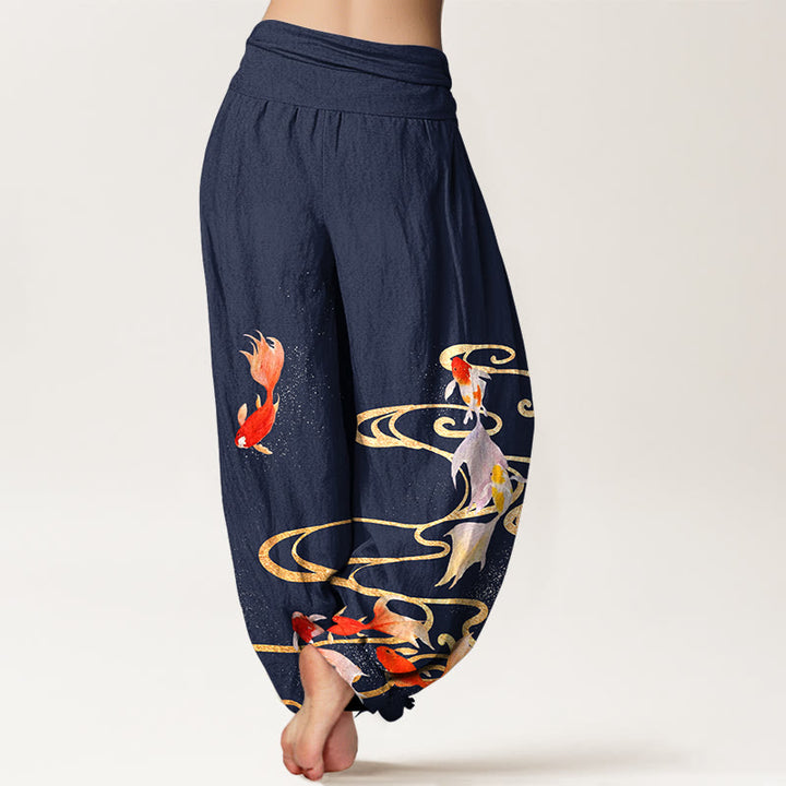 Pantalon harem à taille élastique pour femme, en pur coton, motif de Buddha Stones , de carpes koï et de vagues. - image 6