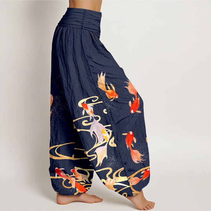 Pantalon harem à taille élastique pour femme, en pur coton, motif de Buddha Stones , de carpes koï et de vagues. - image 7