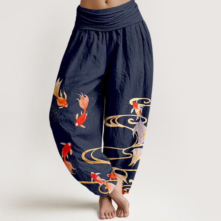 Pantalon harem à taille élastique pour femme, en pur coton, motif de Buddha Stones , de carpes koï et de vagues. - Bleu nuit - US16，UK/AU20，EU48 (3XL) - image 5