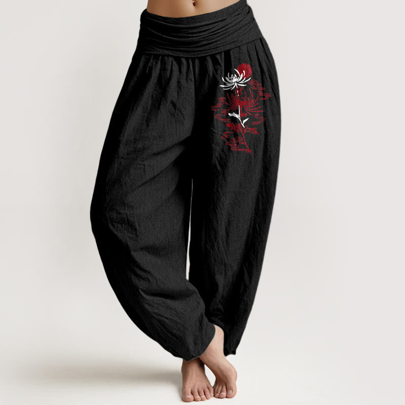 Pantalon harem en pur coton à taille élastique pour femme, motif Buddha Stones, chrysanthèmes et soleil - Noir - US16，UK/AU20，EU48 (3XL) - image 5