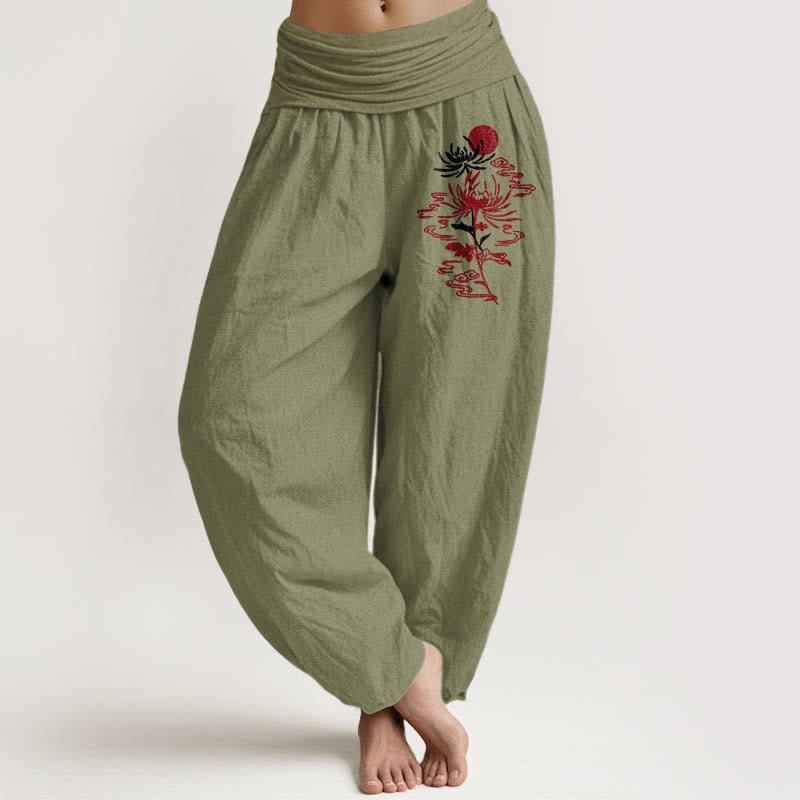 Pantalon harem en pur coton à taille élastique pour femme, motif Buddha Stones, chrysanthèmes et soleil - Vert olive - US16，UK/AU20，EU48 (3XL) - image 14