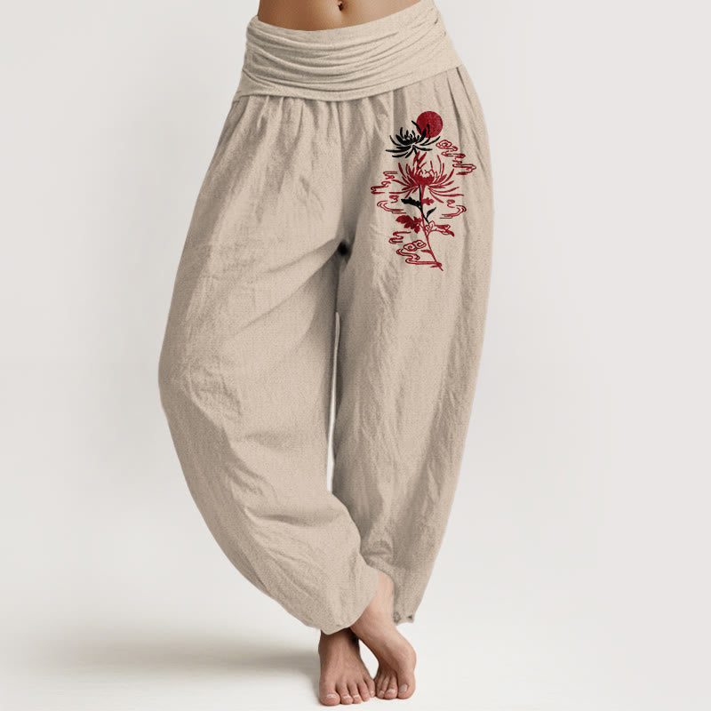 Pantalon harem en pur coton à taille élastique pour femme, motif Buddha Stones, chrysanthèmes et soleil - Tanné - US16，UK/AU20，EU48 (3XL) - image 0