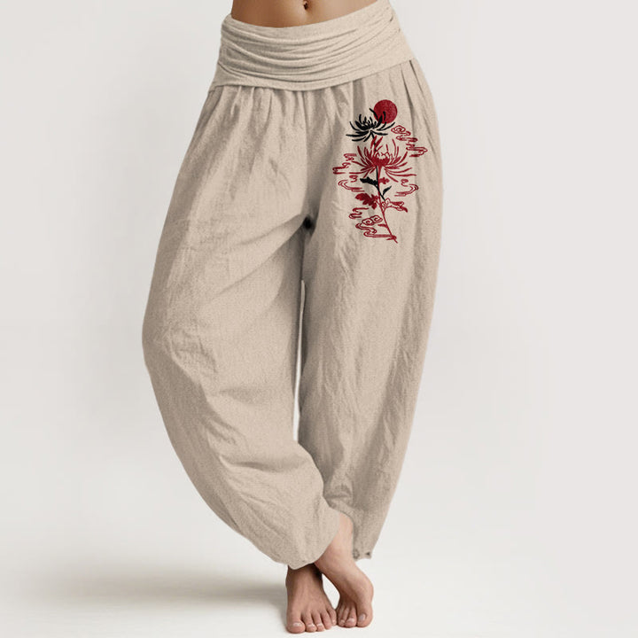 Pantalon harem en pur coton à taille élastique pour femme, motif Buddha Stones, chrysanthèmes et soleil - Tanné - US16，UK/AU20，EU48 (3XL) - image 0