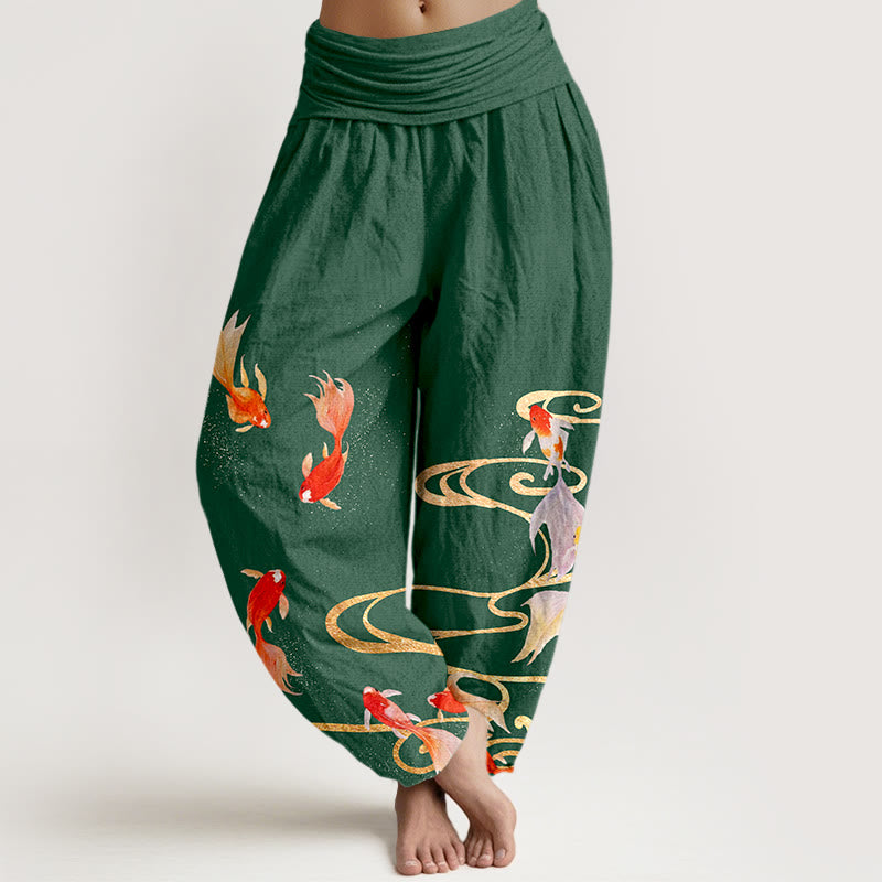 Pantalon harem à taille élastique pour femme, en pur coton, motif de Buddha Stones , de carpes koï et de vagues. - Vert - US16，UK/AU20，EU48 (3XL) - image 8