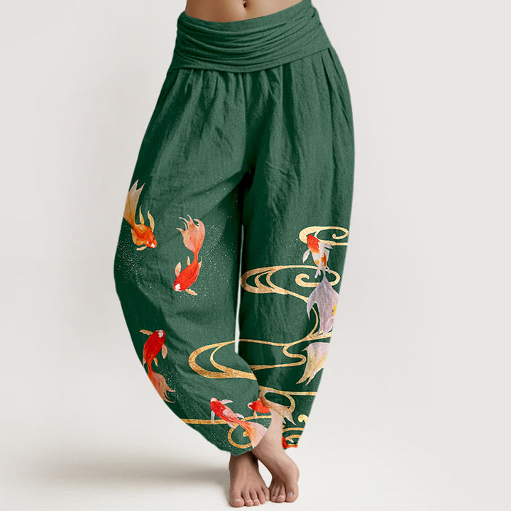 Pantalon harem à taille élastique pour femme, en pur coton, motif de Buddha Stones , de carpes koï et de vagues. - Vert - US16，UK/AU20，EU48 (3XL) - image 8