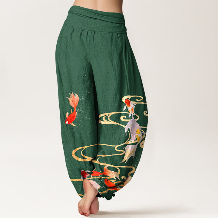Pantalon harem à taille élastique pour femme, en pur coton, motif de Buddha Stones , de carpes koï et de vagues. - image 9