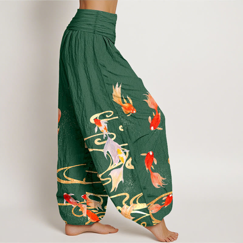 Pantalon harem à taille élastique pour femme, en pur coton, motif de Buddha Stones , de carpes koï et de vagues. - image 10