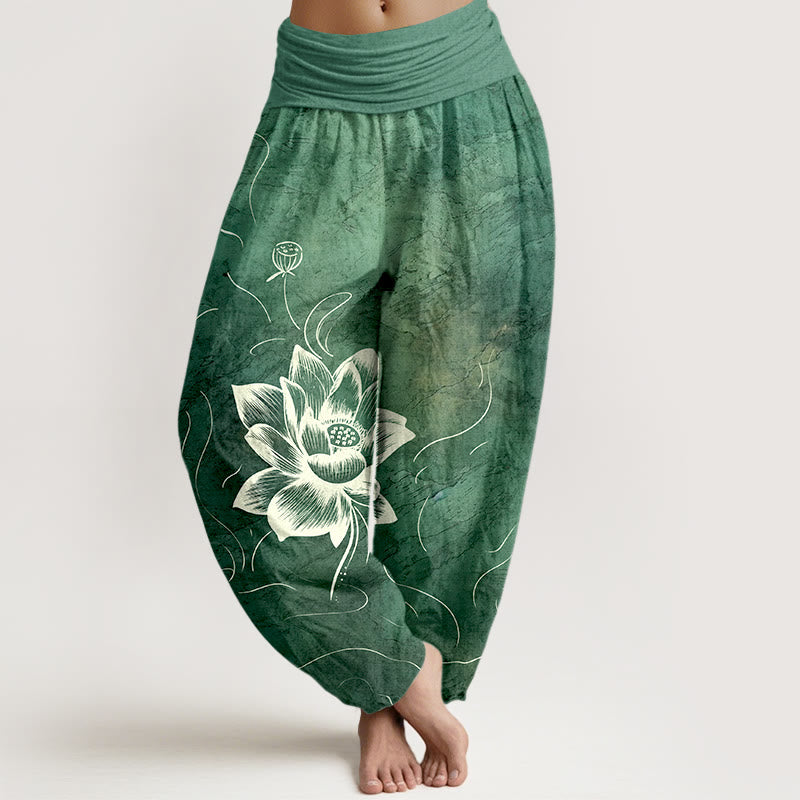 Pantalon harem à taille élastique pour femme, en pur coton, motif fleur de lotus et Buddha Stones - Vert d'eau - US16，UK/AU20，EU48 (3XL) - image 0