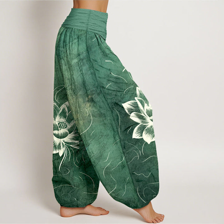 Pantalon harem à taille élastique pour femme, en pur coton, motif fleur de lotus et Buddha Stones - image 2