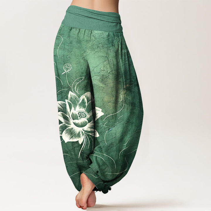 Pantalon harem à taille élastique pour femme, en pur coton, motif fleur de lotus et Buddha Stones - image 1