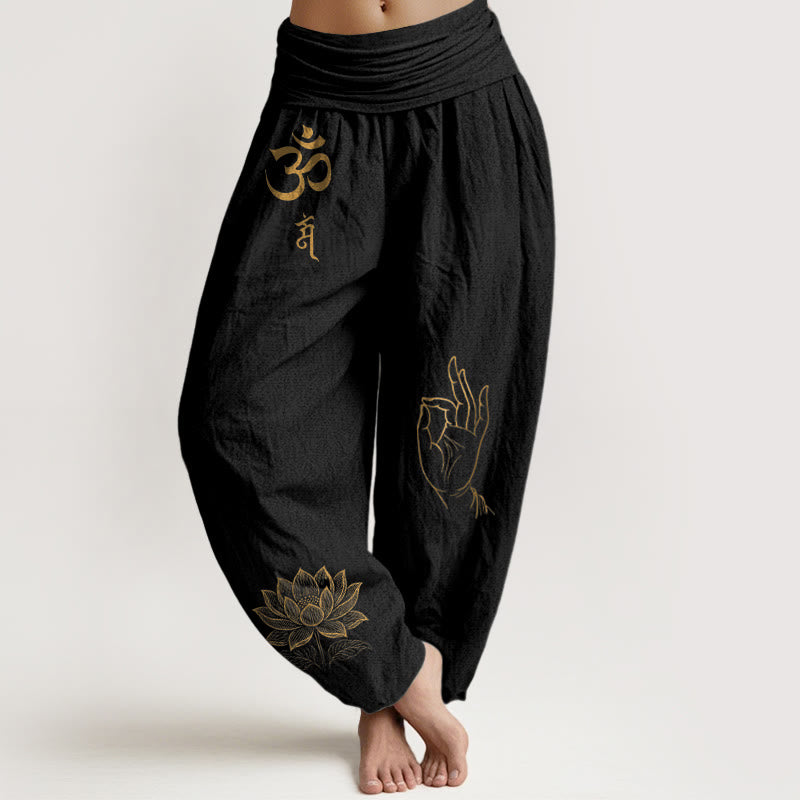 Buddha Stones, symboles Om Dhi, lotus, motif de la main de Bouddha, pantalon harem en coton à taille élastique pour femme - Noir - US16，UK/AU20，EU48 (3XL) - image 0