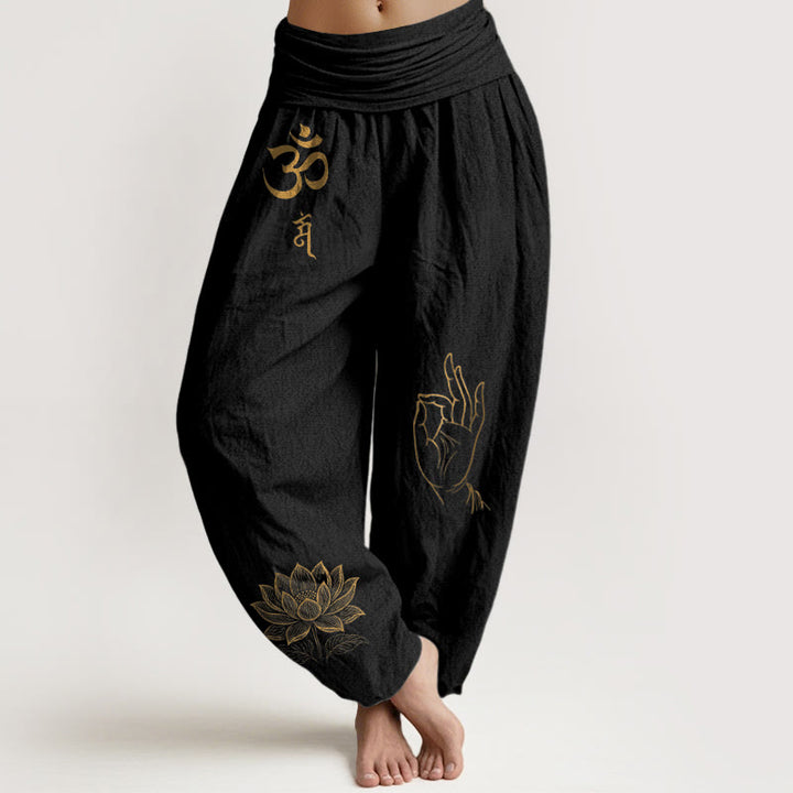 Buddha Stones, symboles Om Dhi, lotus, motif de la main de Bouddha, pantalon harem en coton à taille élastique pour femme - Noir - US16，UK/AU20，EU48 (3XL) - image 0