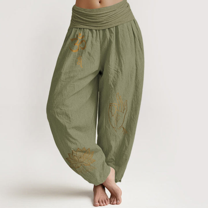 Buddha Stones, symboles Om Dhi, lotus, motif de la main de Bouddha, pantalon harem en coton à taille élastique pour femme - Vert olive - US16，UK/AU20，EU48 (3XL) - image 14