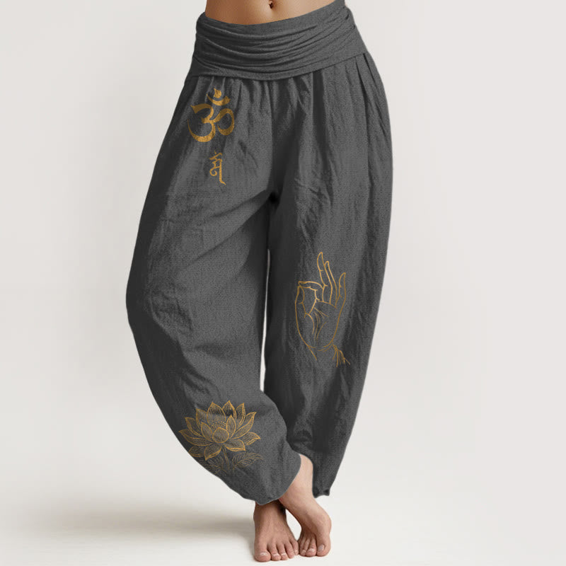 Buddha Stones, symboles Om Dhi, lotus, motif de la main de Bouddha, pantalon harem en coton à taille élastique pour femme - Gris terne - US16，UK/AU20，EU48 (3XL) - image 8