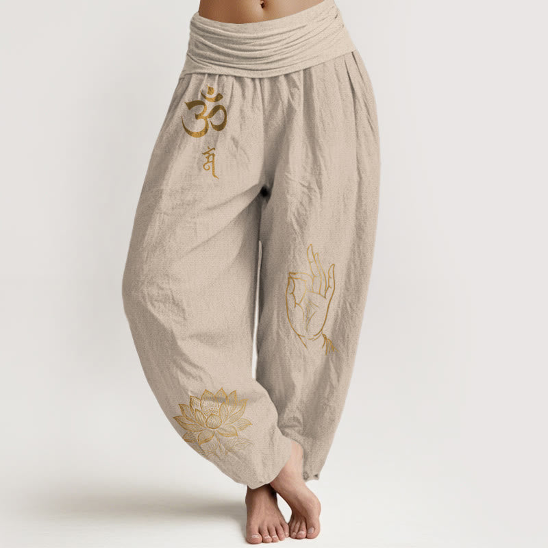 Buddha Stones, symboles Om Dhi, lotus, motif de la main de Bouddha, pantalon harem en coton à taille élastique pour femme - Tanné - US16，UK/AU20，EU48 (3XL) - image 11