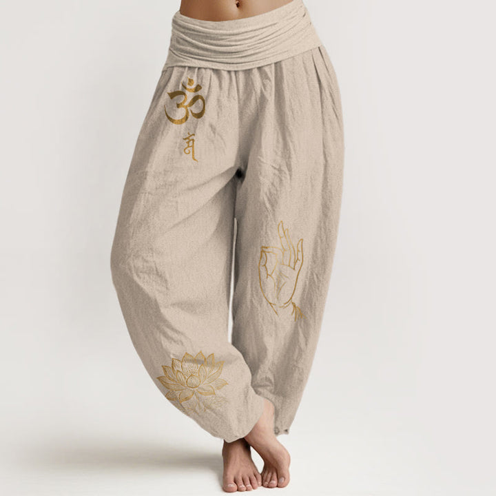 Buddha Stones, symboles Om Dhi, lotus, motif de la main de Bouddha, pantalon harem en coton à taille élastique pour femme - Tanné - US16，UK/AU20，EU48 (3XL) - image 11
