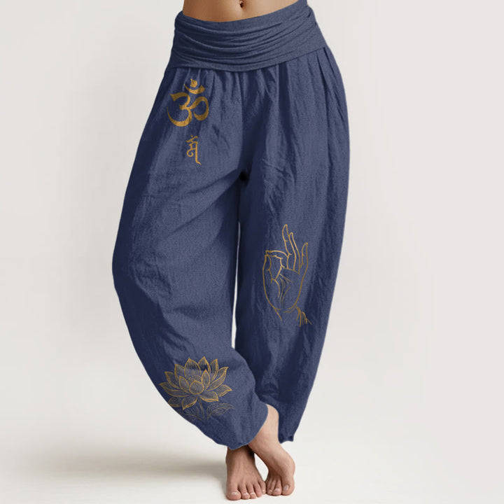 Buddha Stones, symboles Om Dhi, lotus, motif de la main de Bouddha, pantalon harem en coton à taille élastique pour femme - Bleu ardoise foncé - US16，UK/AU20，EU48 (3XL) - image 5