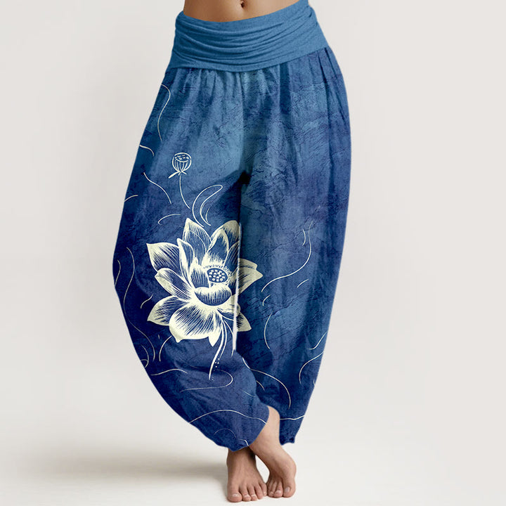 Pantalon harem à taille élastique pour femme, en pur coton, motif fleur de lotus et Buddha Stones - Bleu royal - US16，UK/AU20，EU48 (3XL) - image 5