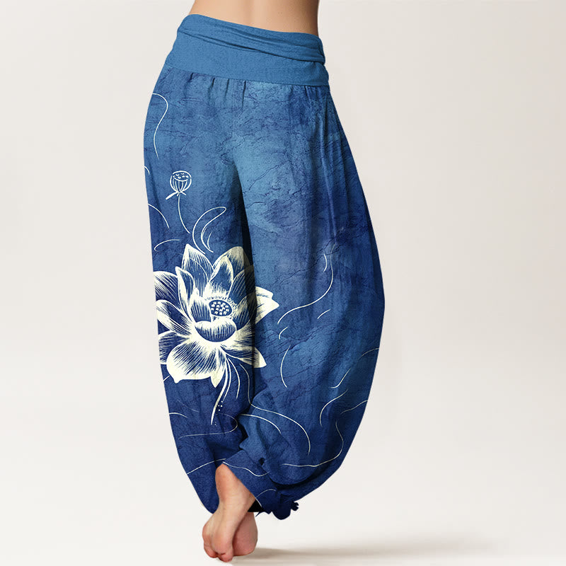 Pantalon harem à taille élastique pour femme, en pur coton, motif fleur de lotus et Buddha Stones - image 6
