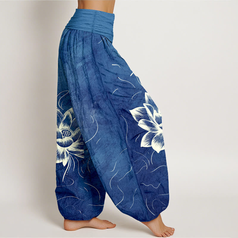 Pantalon harem à taille élastique pour femme, en pur coton, motif fleur de lotus et Buddha Stones - image 7