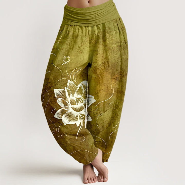 Pantalon harem à taille élastique pour femme, en pur coton, motif fleur de lotus et Buddha Stones - DarkGoldenrod - US16，UK/AU20，EU48 (3XL) - image 8