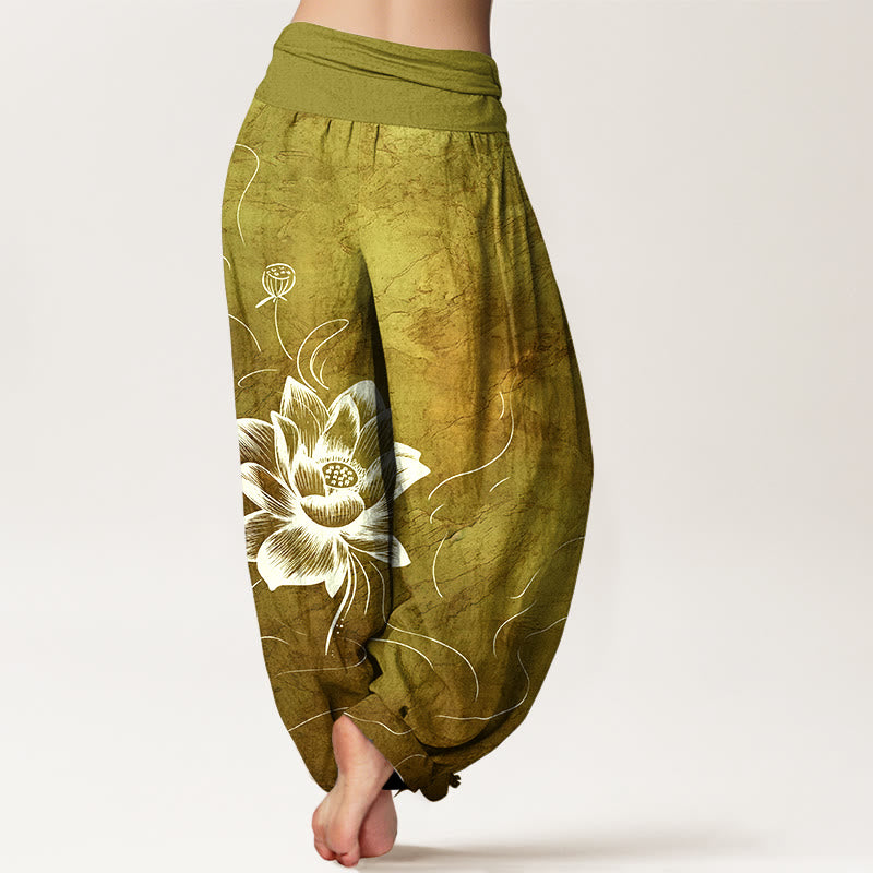 Pantalon harem à taille élastique pour femme, en pur coton, motif fleur de lotus et Buddha Stones - image 9