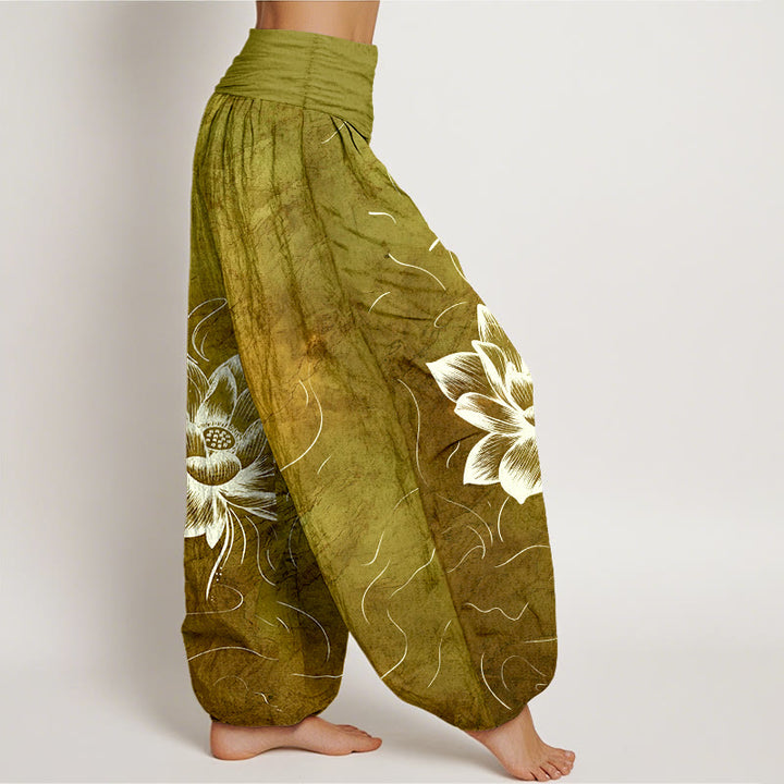 Pantalon harem à taille élastique pour femme, en pur coton, motif fleur de lotus et Buddha Stones - image 10