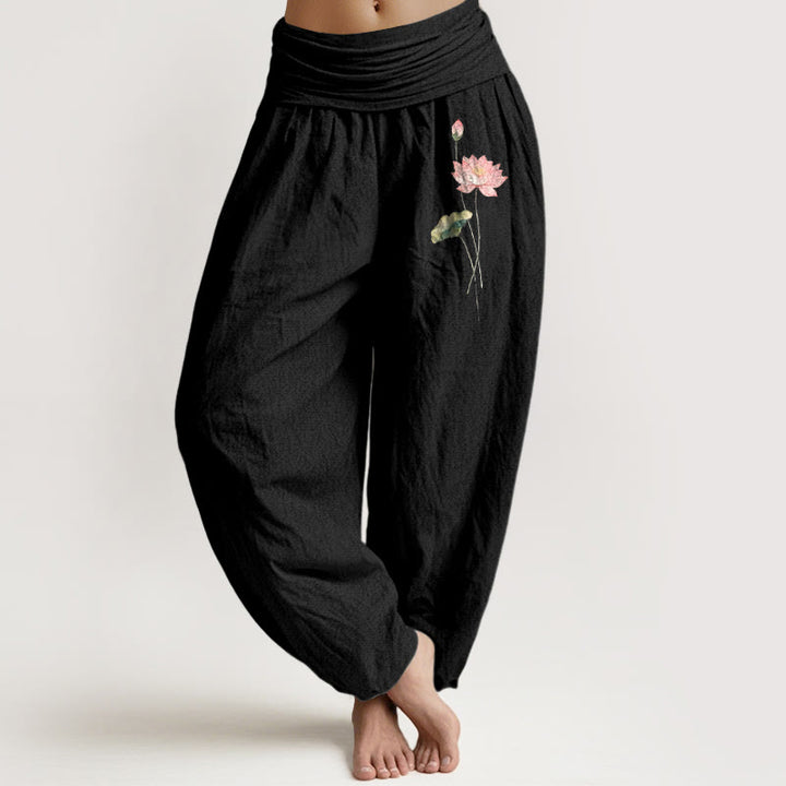 Pantalon harem en pur coton à taille élastique pour femme, motif fleurs de lotus roses et feuilles de lotus, Buddha Stones - Noir - US16，UK/AU20，EU48 (3XL) - image 5