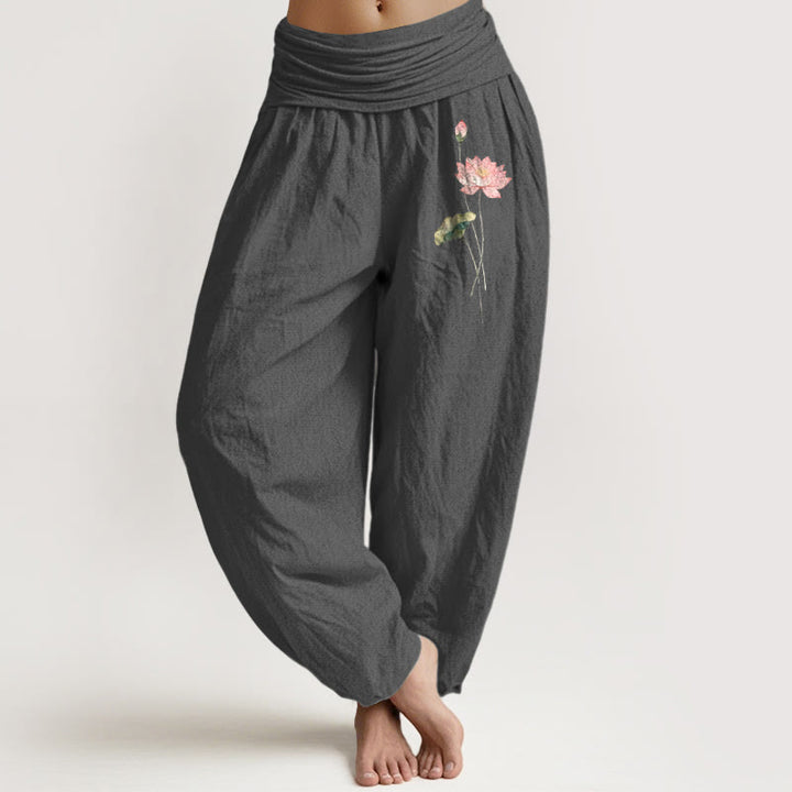 Pantalon harem en pur coton à taille élastique pour femme, motif fleurs de lotus roses et feuilles de lotus, Buddha Stones - Gris terne - US16，UK/AU20，EU48 (3XL) - image 0