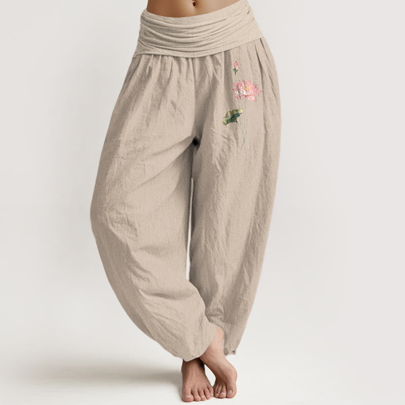 Pantalon harem en pur coton à taille élastique pour femme, motif fleurs de lotus roses et feuilles de lotus, Buddha Stones - Tanné - US16，UK/AU20，EU48 (3XL) - image 11