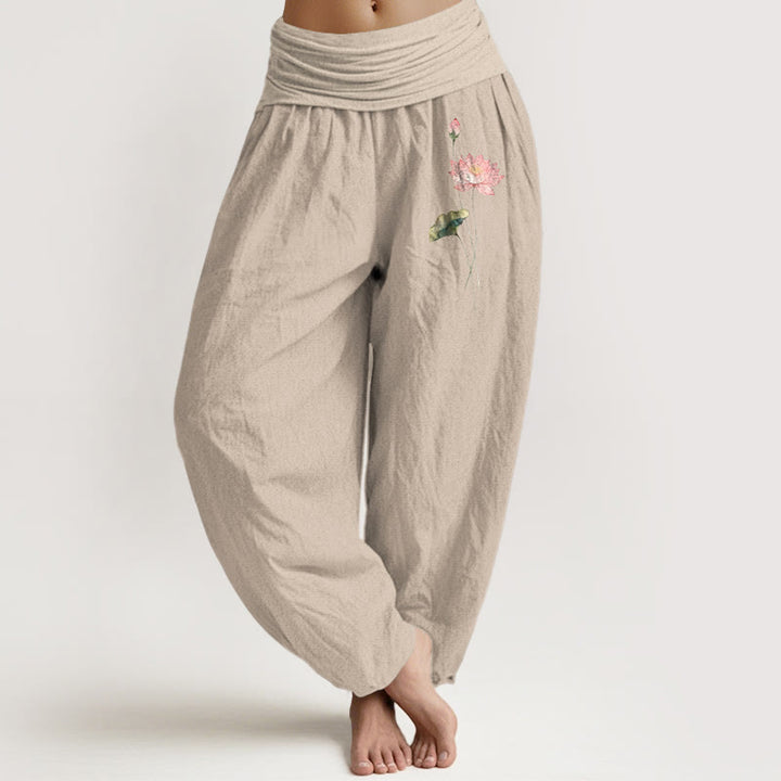 Pantalon harem en pur coton à taille élastique pour femme, motif fleurs de lotus roses et feuilles de lotus, Buddha Stones - Tanné - US16，UK/AU20，EU48 (3XL) - image 11