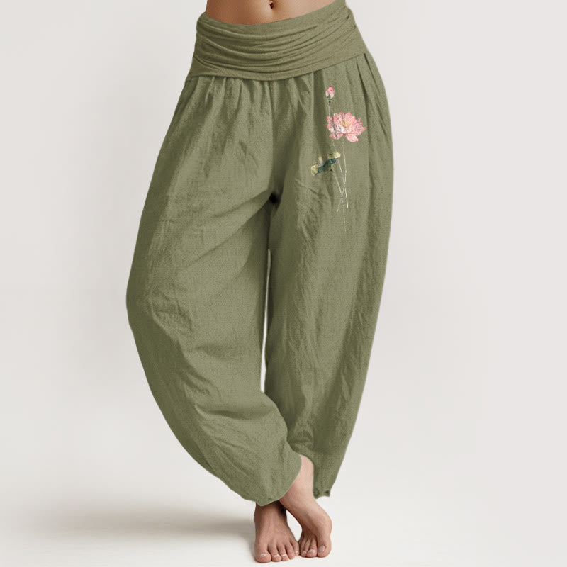 Pantalon harem en pur coton à taille élastique pour femme, motif fleurs de lotus roses et feuilles de lotus, Buddha Stones - Vert olive - US16，UK/AU20，EU48 (3XL) - image 14