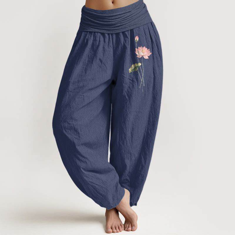 Pantalon harem en pur coton à taille élastique pour femme, motif fleurs de lotus roses et feuilles de lotus, Buddha Stones - Bleu ardoise foncé - US16，UK/AU20，EU48 (3XL) - image 8