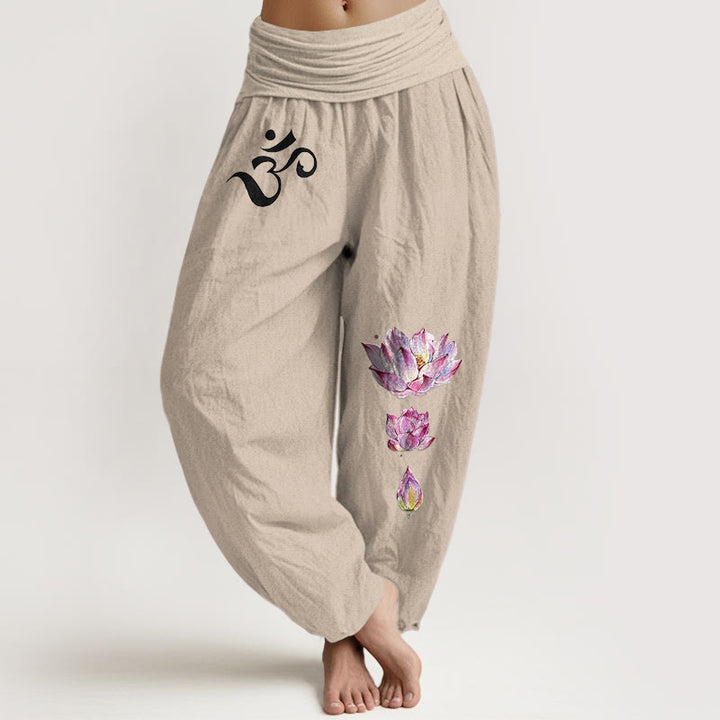 Pantalon harem en pur coton à taille élastique pour femme, orné d'un motif de lotus en fleurs et de Buddha Stones. - Tanné - US16，UK/AU20，EU48 (3XL) - image 11