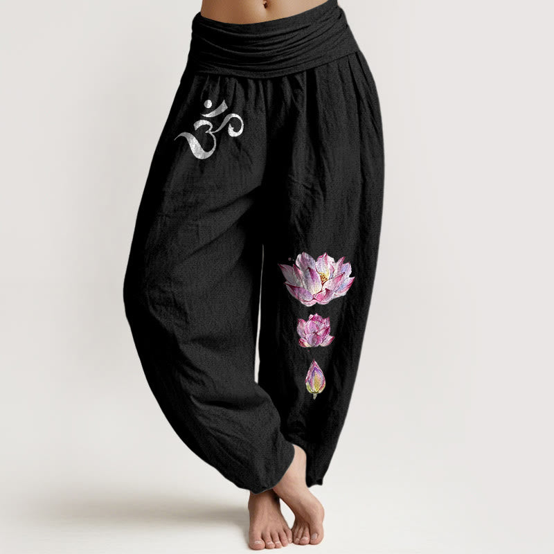Pantalon harem en pur coton à taille élastique pour femme, orné d'un motif de lotus en fleurs et de Buddha Stones. - Noir - US16，UK/AU20，EU48 (3XL) - image 0