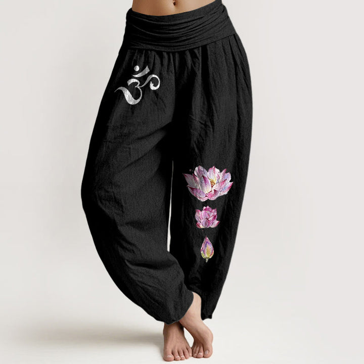 Pantalon harem en pur coton à taille élastique pour femme, orné d'un motif de lotus en fleurs et de Buddha Stones. - Noir - US16，UK/AU20，EU48 (3XL) - image 0