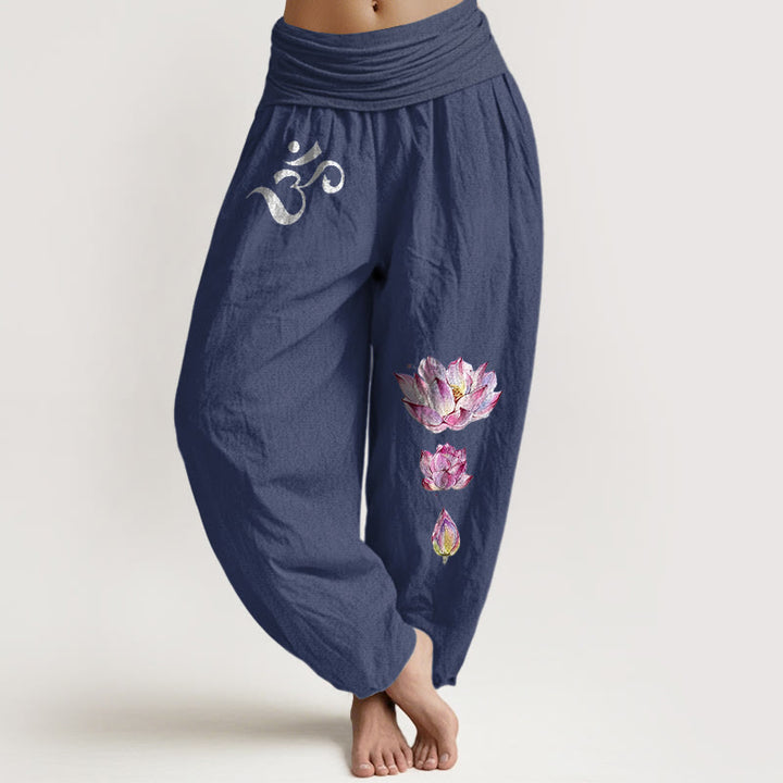 Pantalon harem en pur coton à taille élastique pour femme, orné d'un motif de lotus en fleurs et de Buddha Stones. - Bleu ardoise foncé - US16，UK/AU20，EU48 (3XL) - image 5