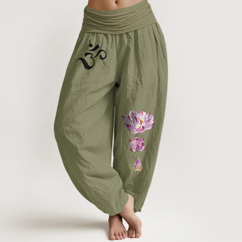 Pantalon harem en pur coton à taille élastique pour femme, orné d'un motif de lotus en fleurs et de Buddha Stones. - Vert olive - US16，UK/AU20，EU48 (3XL) - image 14